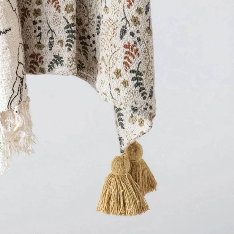 Woven Floral Printed Throw w/ Tassels