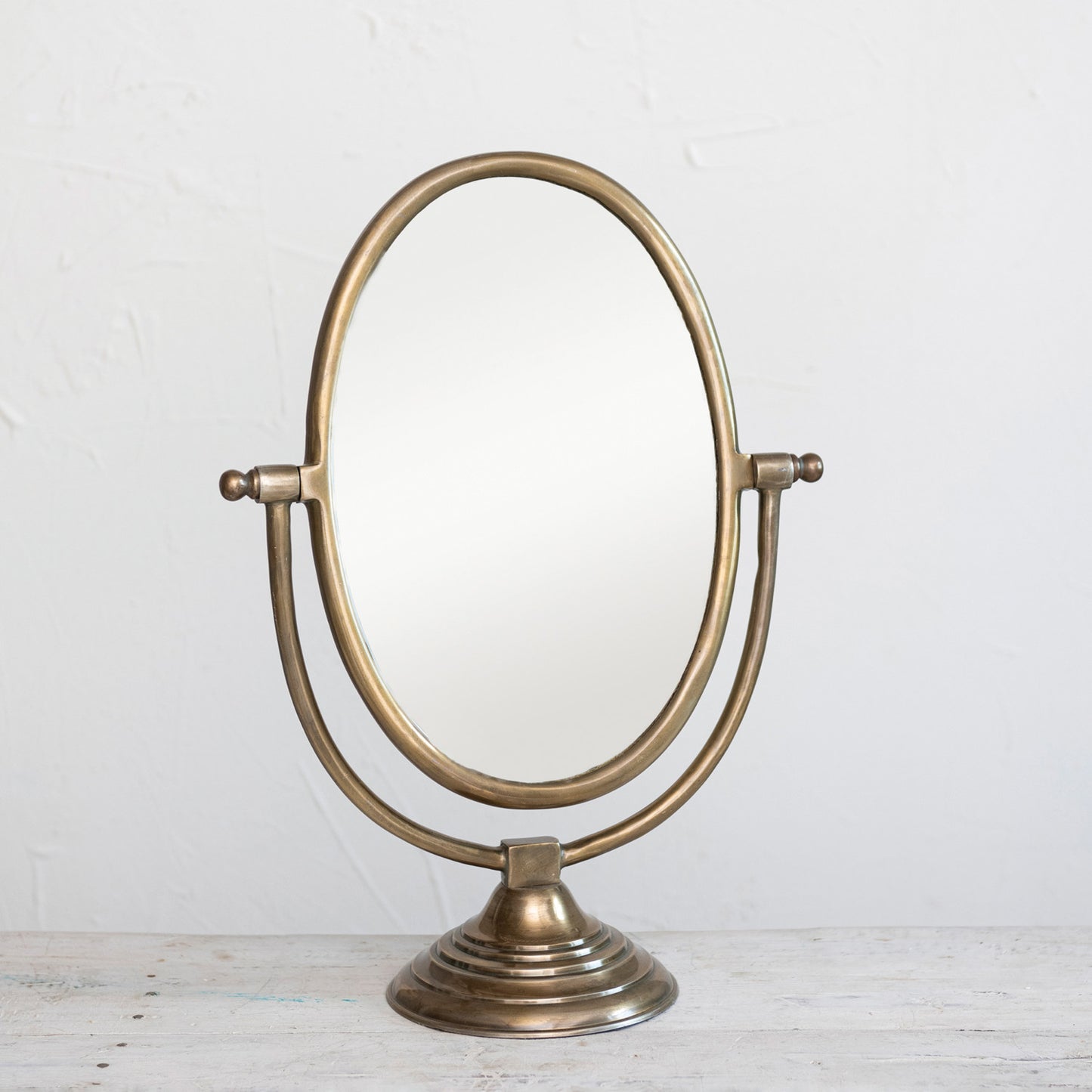 Aluminum Framed Mirror on Stand, Antique Brass Finish