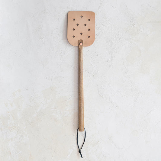 Leather Fly Swatter w/ Wood Handle & Tie