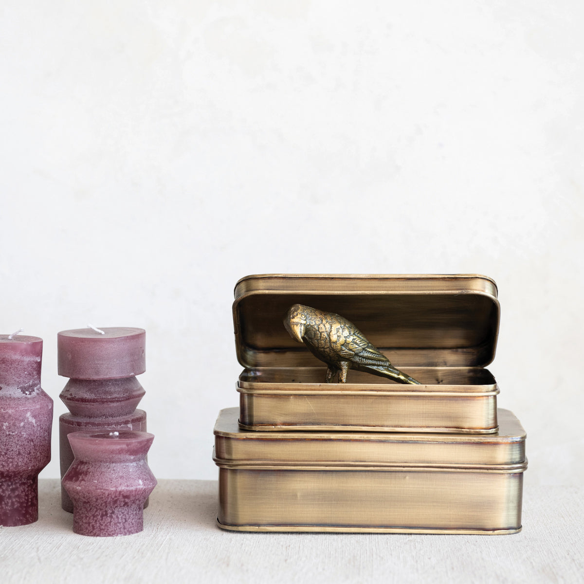 Metal Box with Lid & Antique Brass Finish, Two Sizes