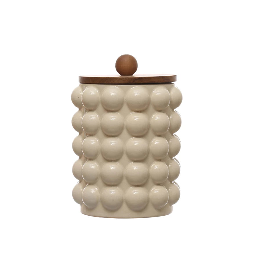 Stoneware Canister w/ Raised Dots & Acacia Wood Lid