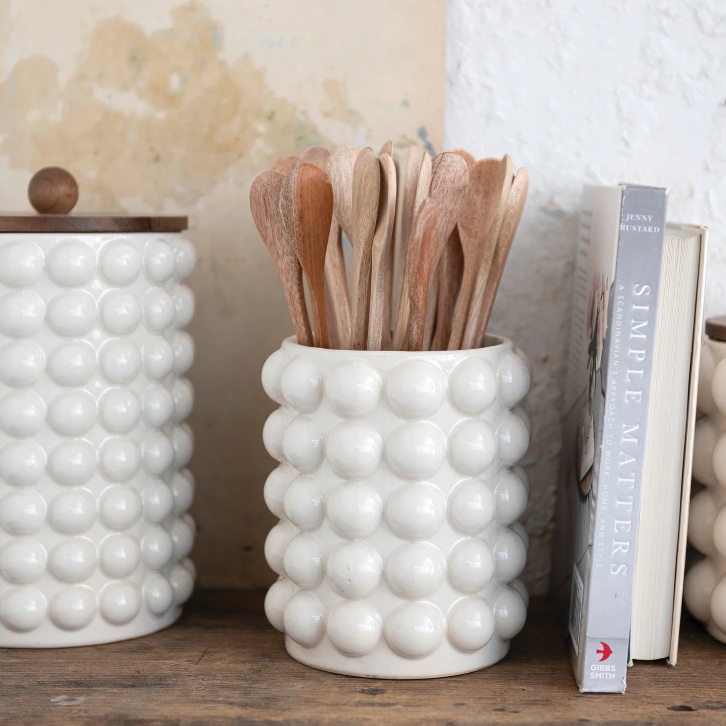 Stoneware Canister w/ Raised Dots & Acacia Wood Lid