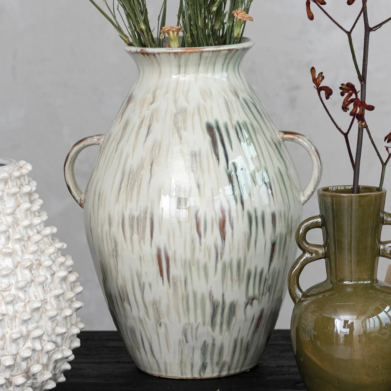 Hand-Painted Stoneware Vase with Handles