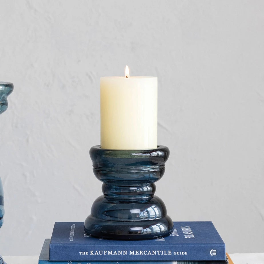 Blue Recycled Glass Pillar Candle Holder