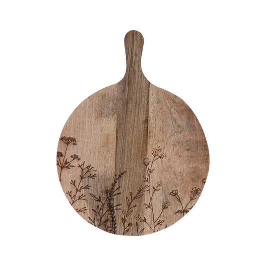 Mango Wood Cheese/Cutting Board w/ Laser Etched Botanicals & Handle