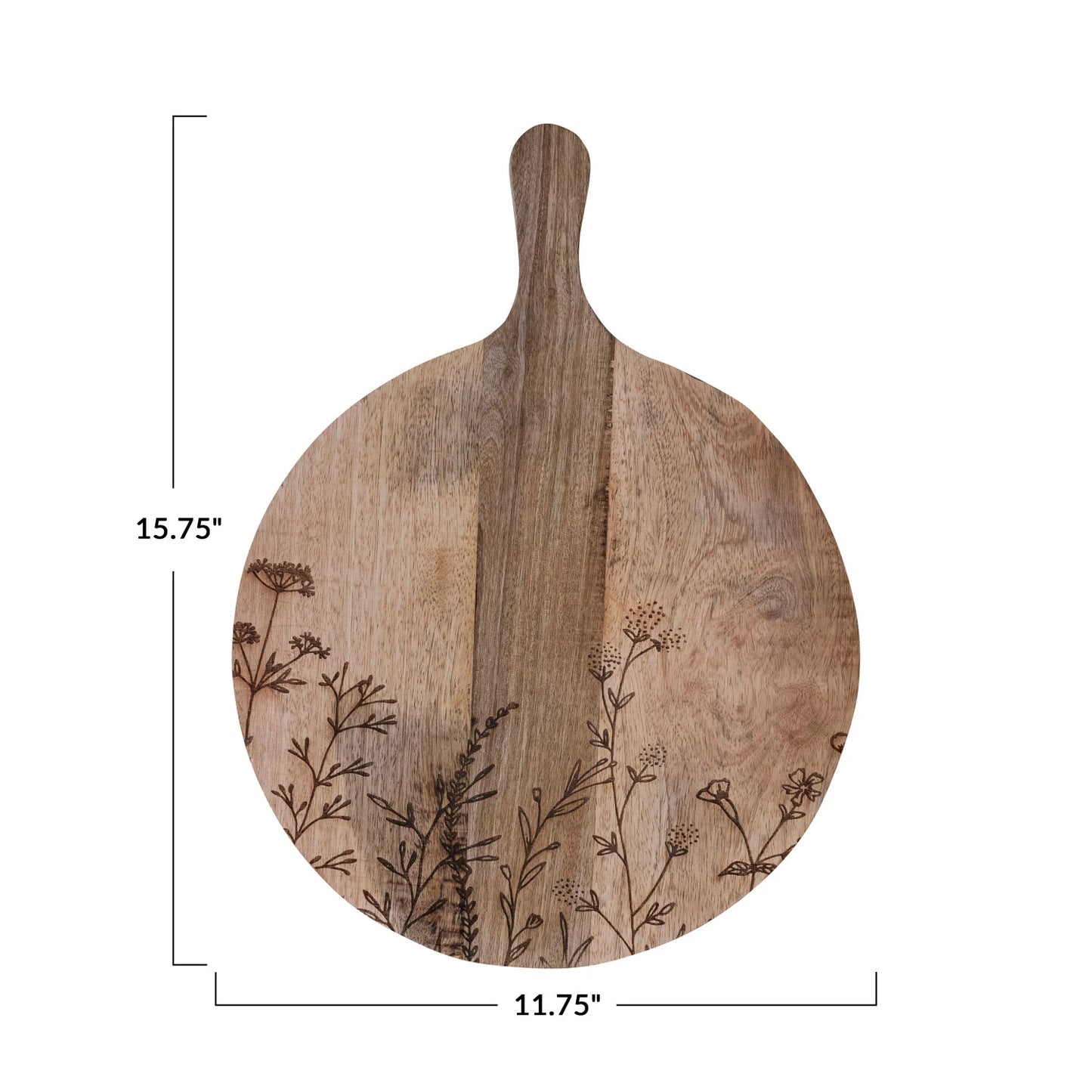 Mango Wood Cheese/Cutting Board w/ Laser Etched Botanicals & Handle