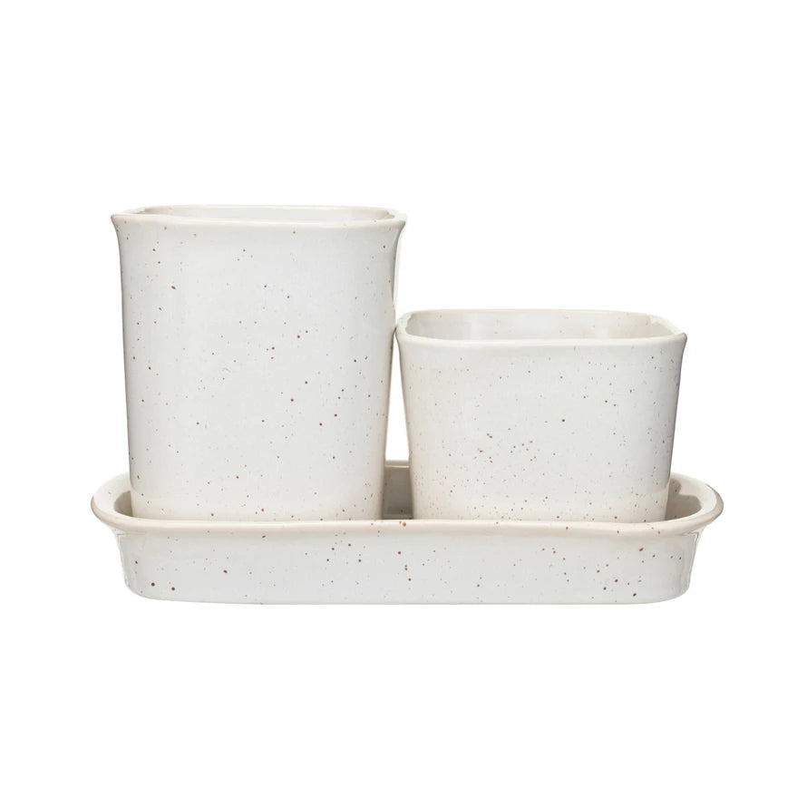 Stoneware Planters/Containers w/ Saucer, Set of 3