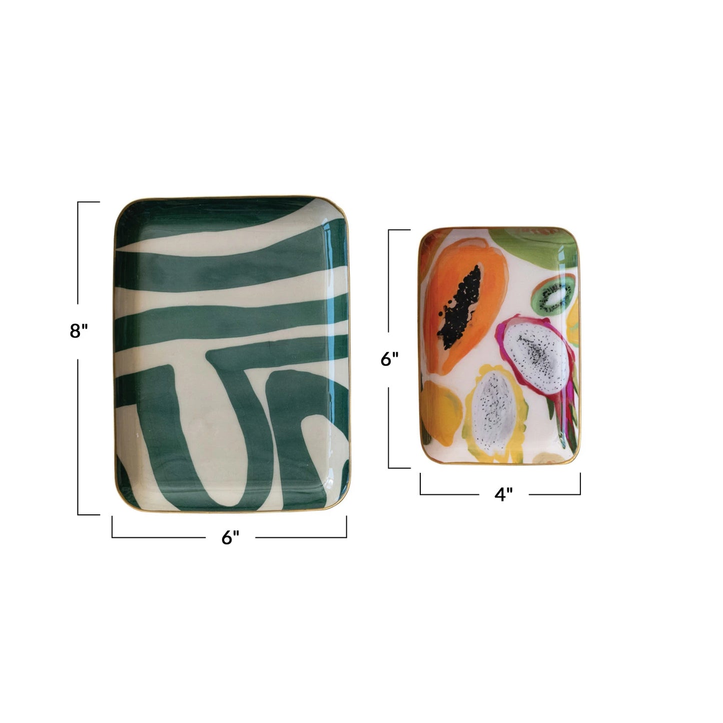 Enameled Metal Trays w/ Fruit/Abstract Image & Gold Rim, two sizes