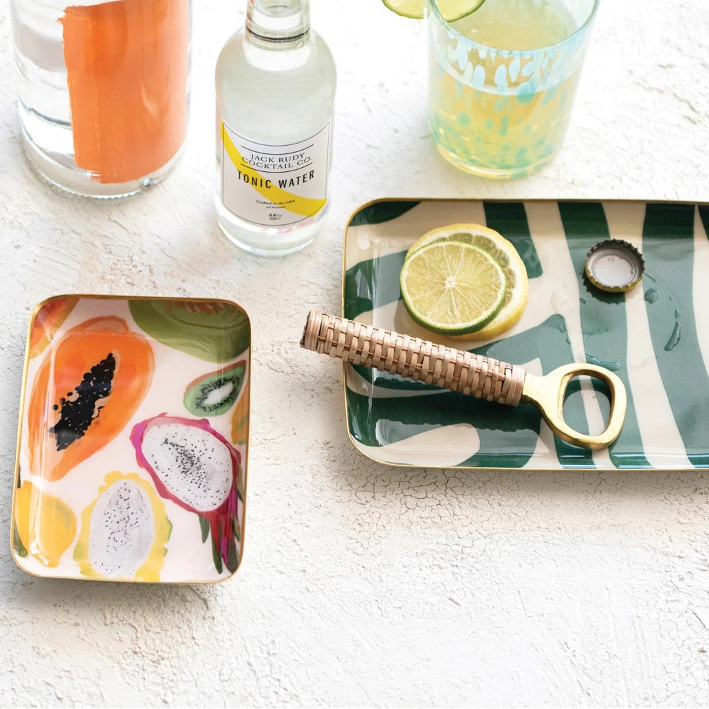 Enameled Metal Trays w/ Fruit/Abstract Image & Gold Rim, two sizes