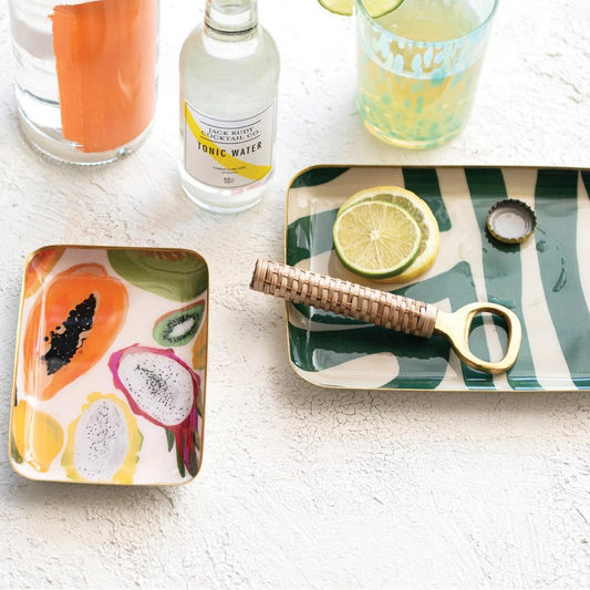 Enameled Metal Trays w/ Fruit/Abstract Image & Gold Rim, two sizes