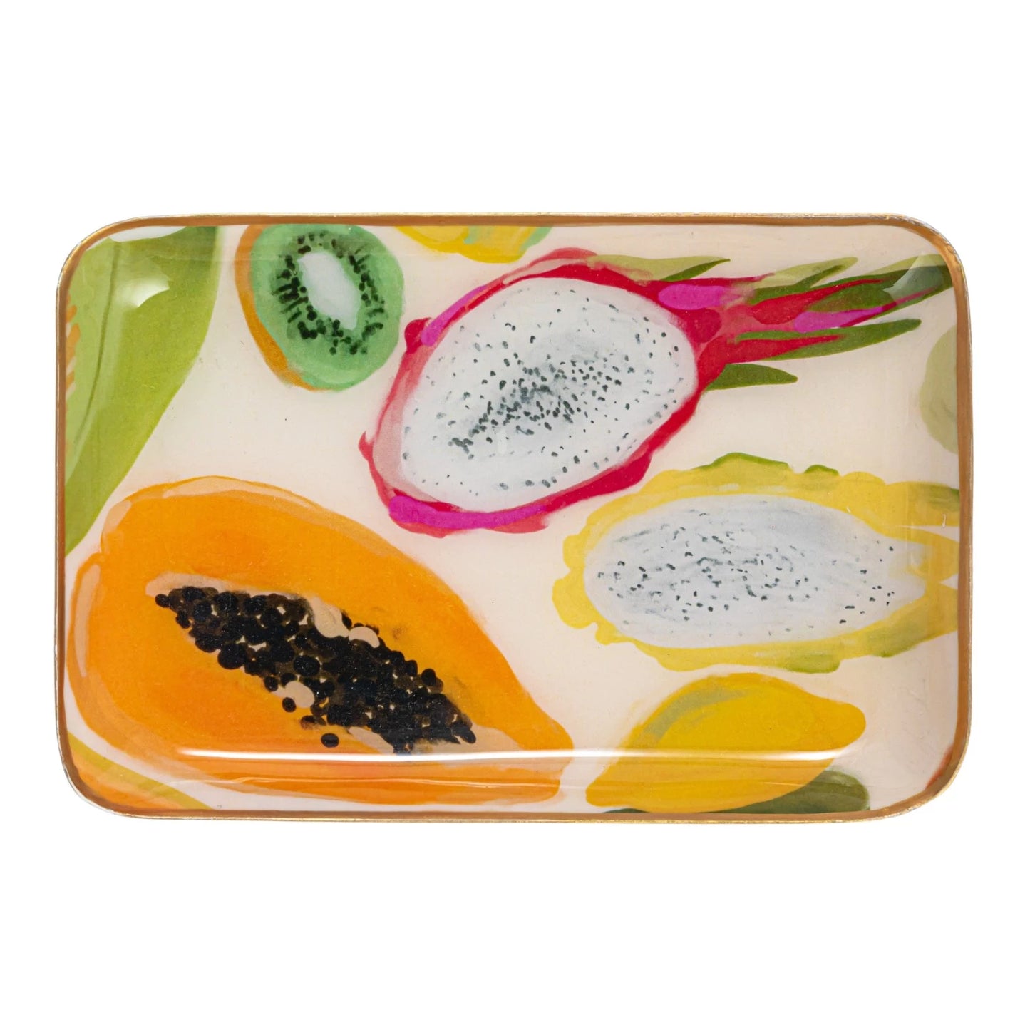 Enameled Metal Trays w/ Fruit/Abstract Image & Gold Rim, two sizes