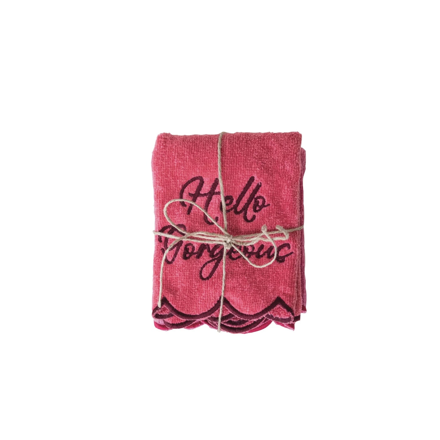 Pink Embroidered Wash Cloths with Scalloped Edge