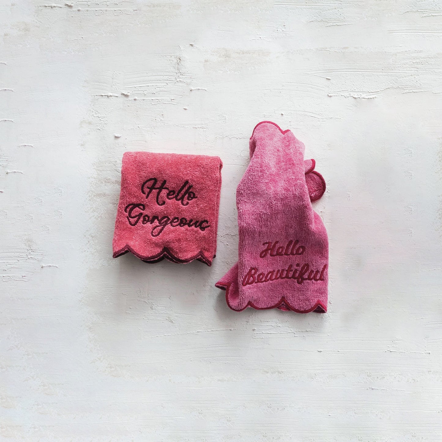Pink Embroidered Wash Cloths with Scalloped Edge