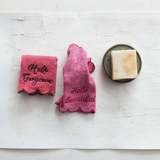 Pink Embroidered Wash Cloths with Scalloped Edge