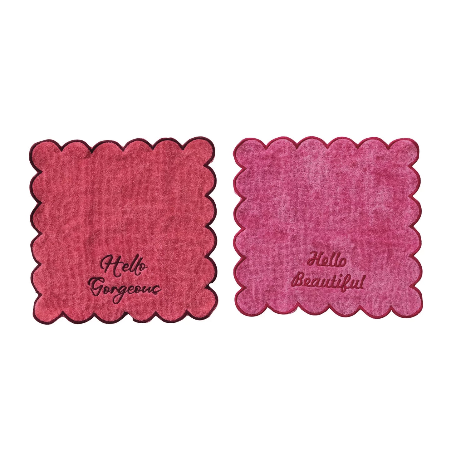 Pink Embroidered Wash Cloths with Scalloped Edge