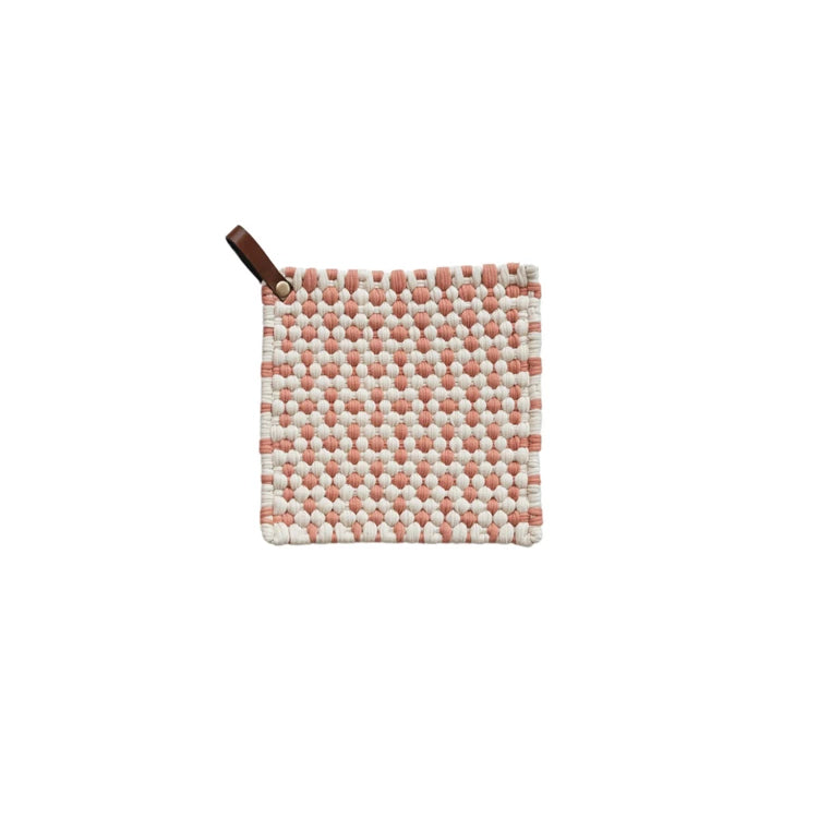 Checkered Cotton Crocheted Pot Holder w/ Leather Loop