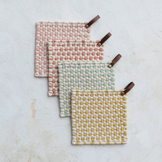 Checkered Cotton Crocheted Pot Holder w/ Leather Loop