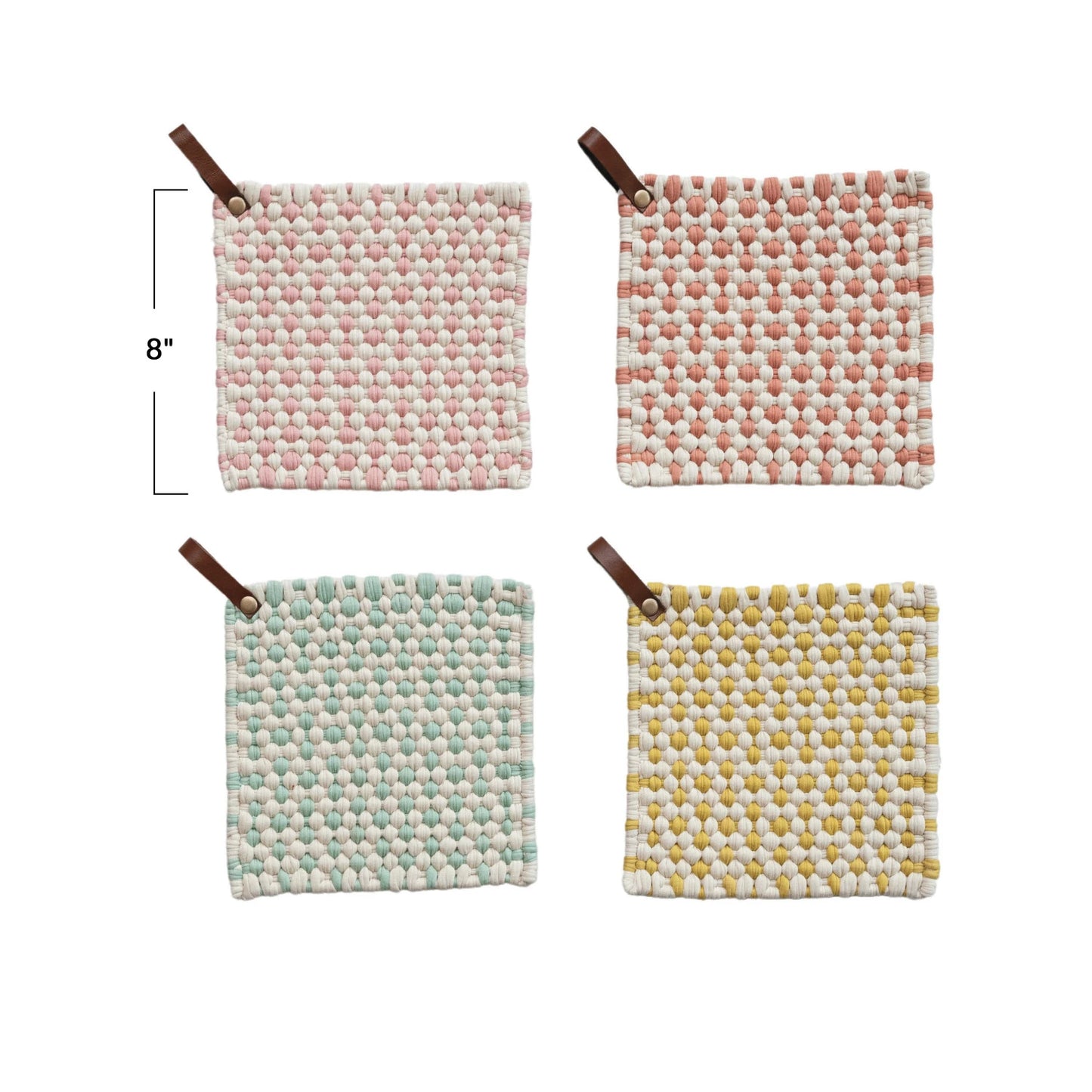 Checkered Cotton Crocheted Pot Holder w/ Leather Loop