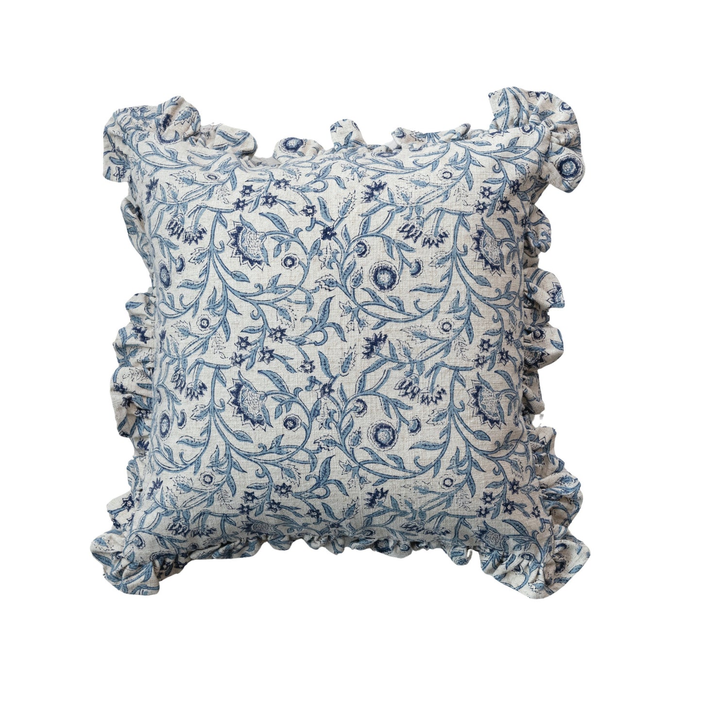 Ruffle Edge Cotton Square Pillow | Blue Floral