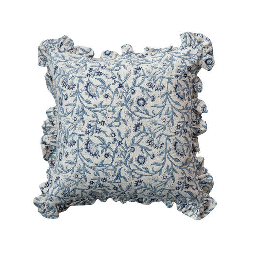 Ruffle Edge Cotton Square Pillow | Blue Floral