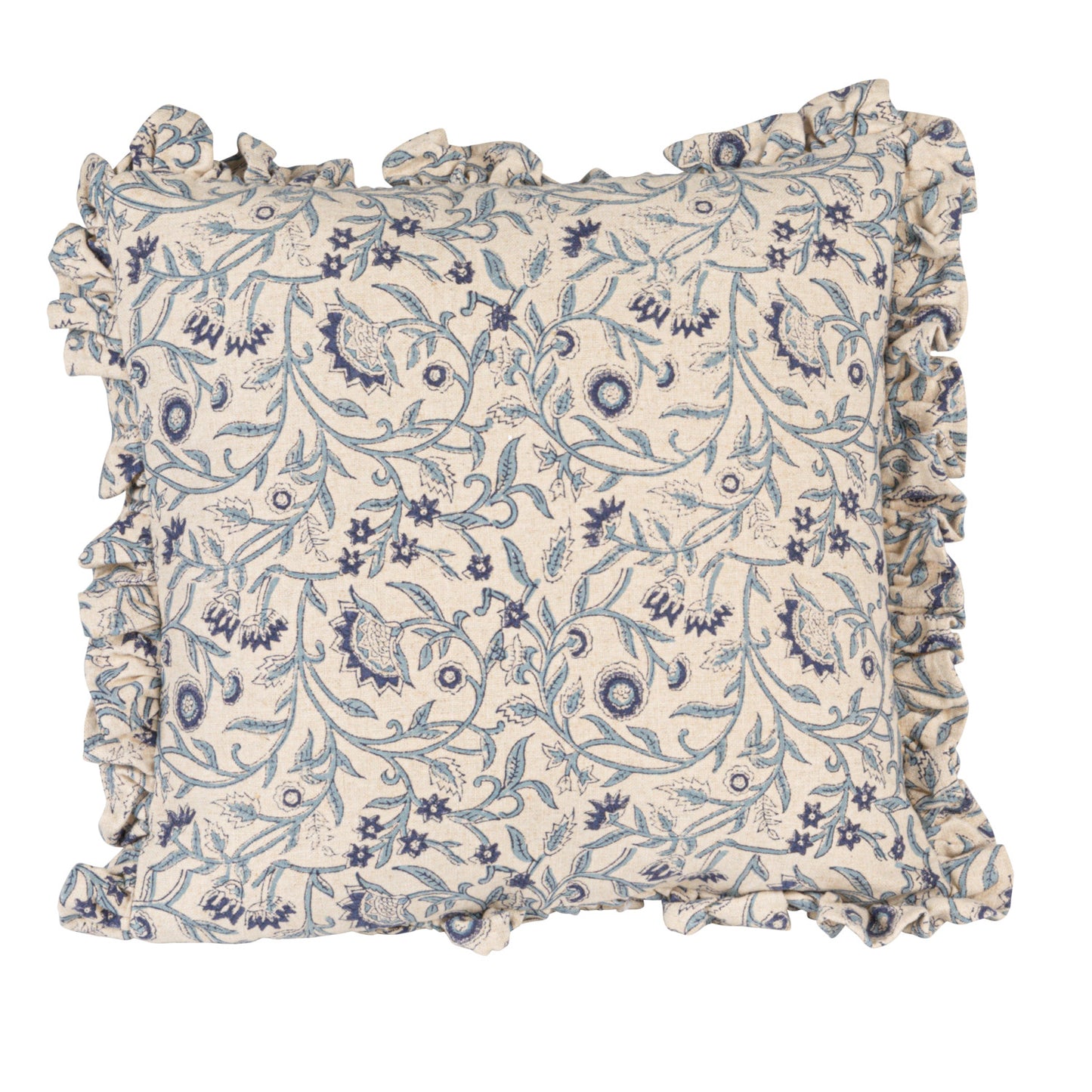 Ruffle Edge Cotton Square Pillow | Blue Floral