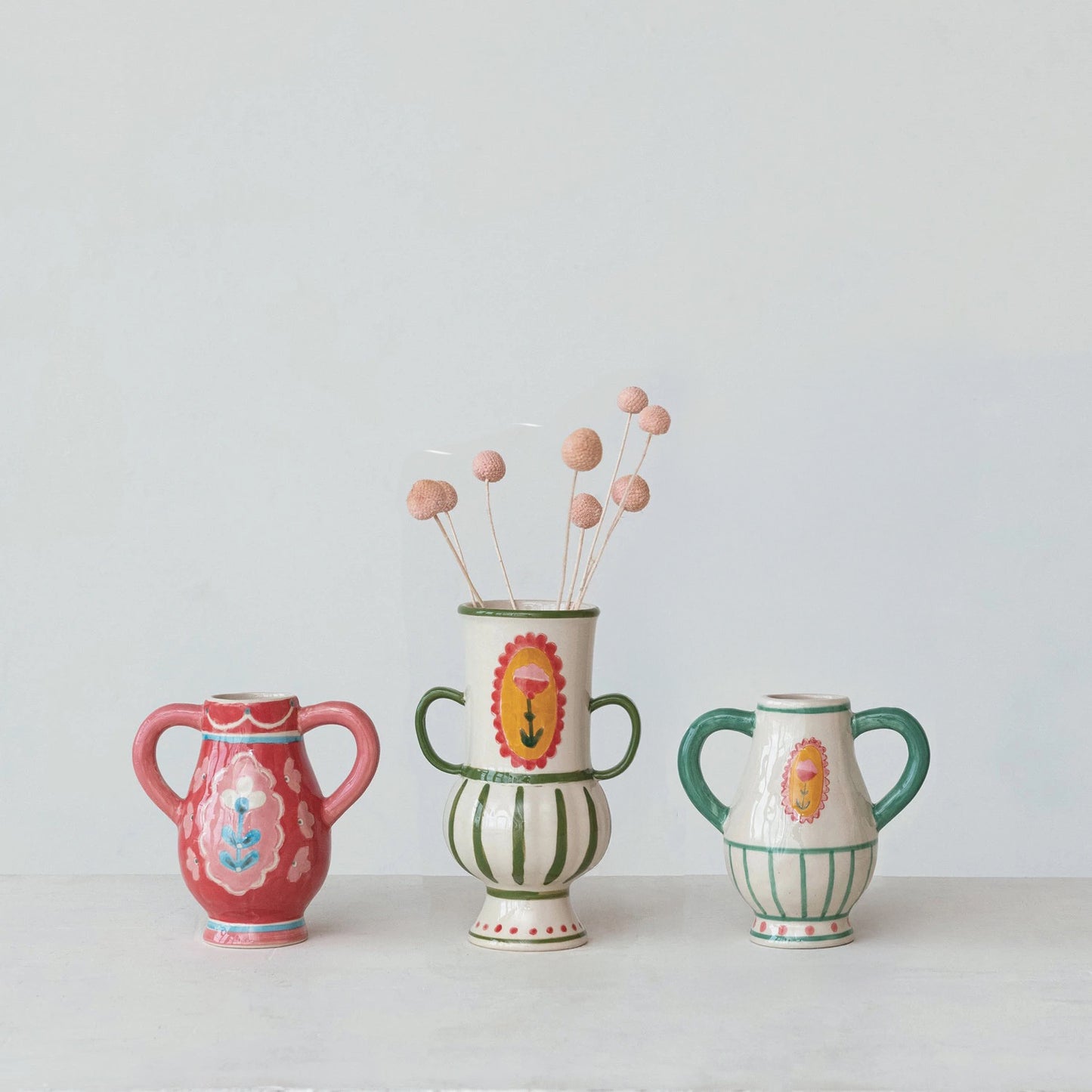 Hand-Painted Stoneware Vases with Handles