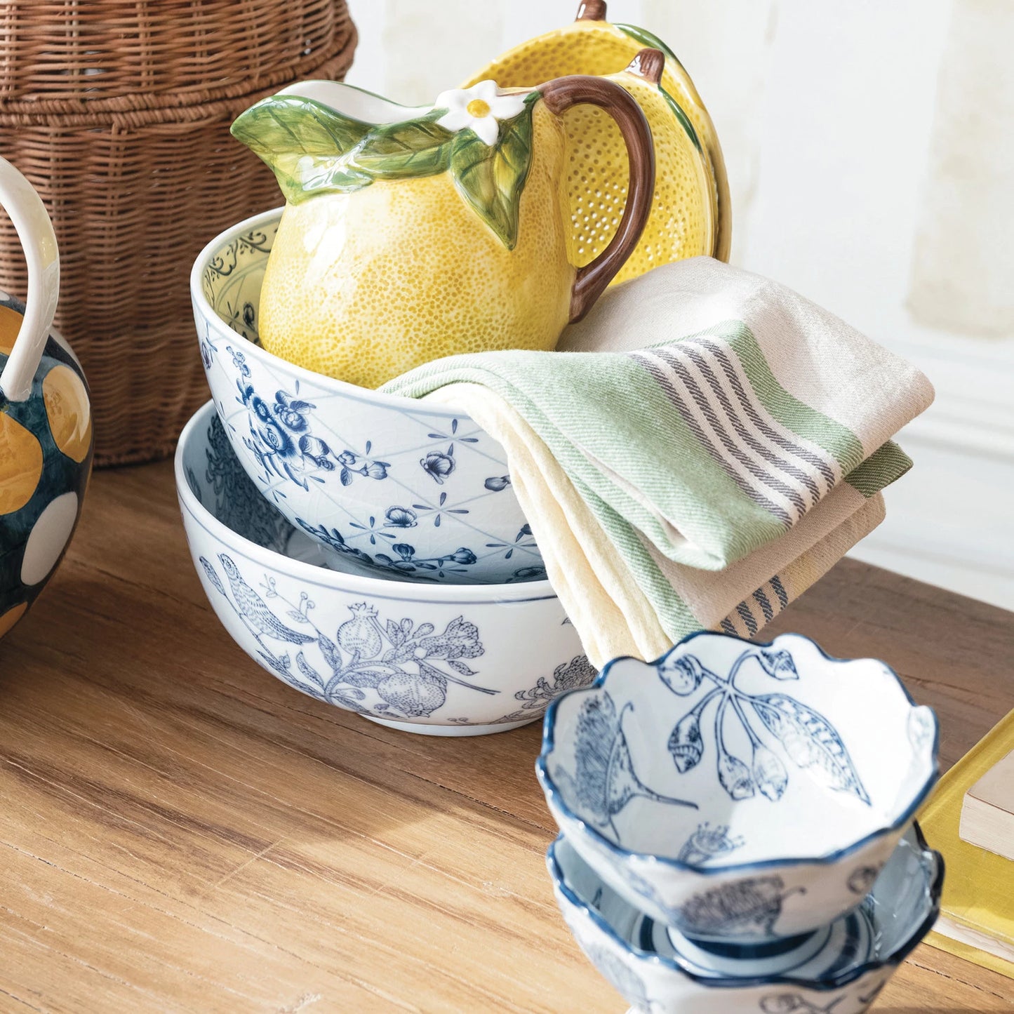 White Porcelain Bowl with Blue Botanical Print