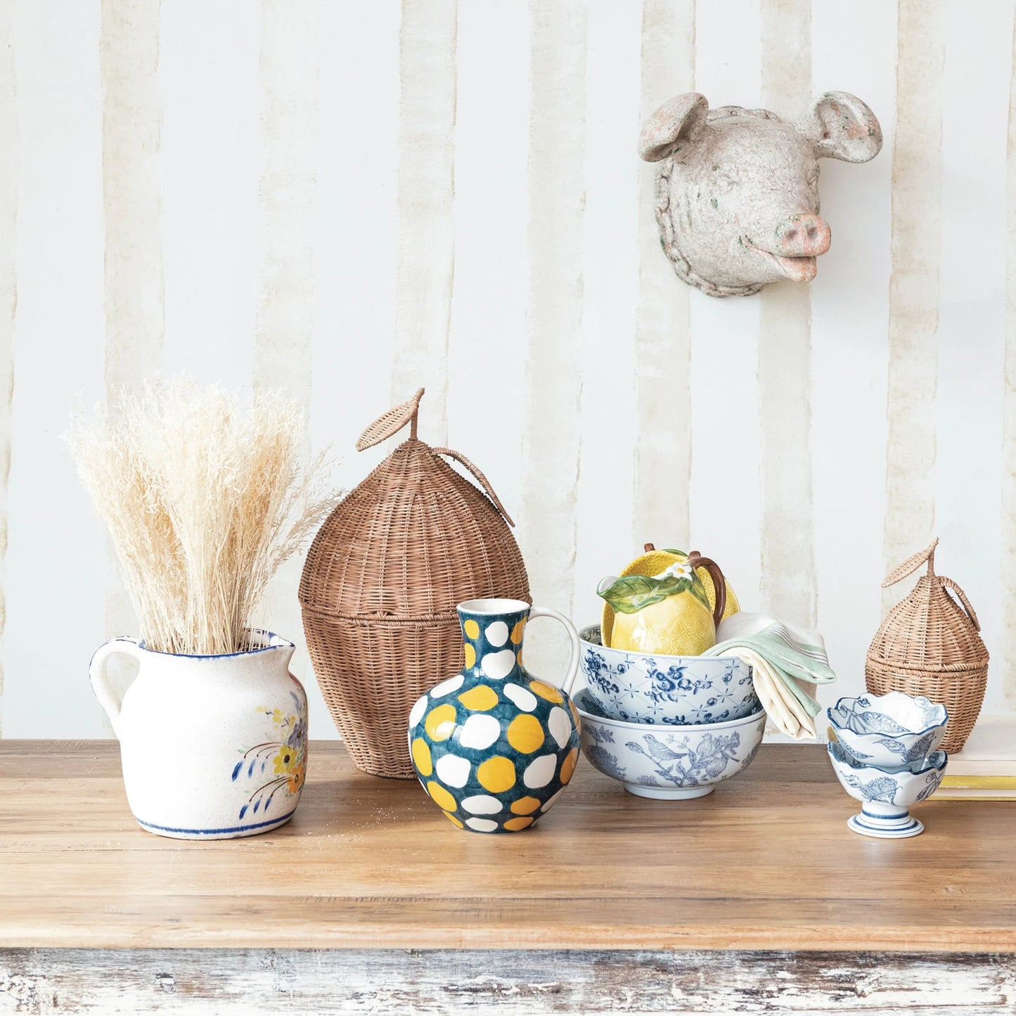 White Porcelain Bowl with Blue Botanical Print