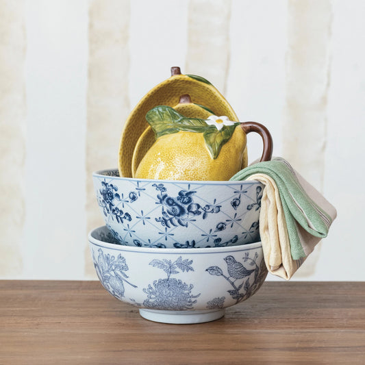 White Porcelain Bowl with Blue Botanical Print