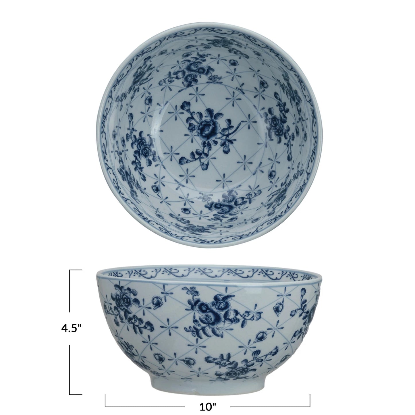 White Porcelain Bowl with Blue Botanical Print