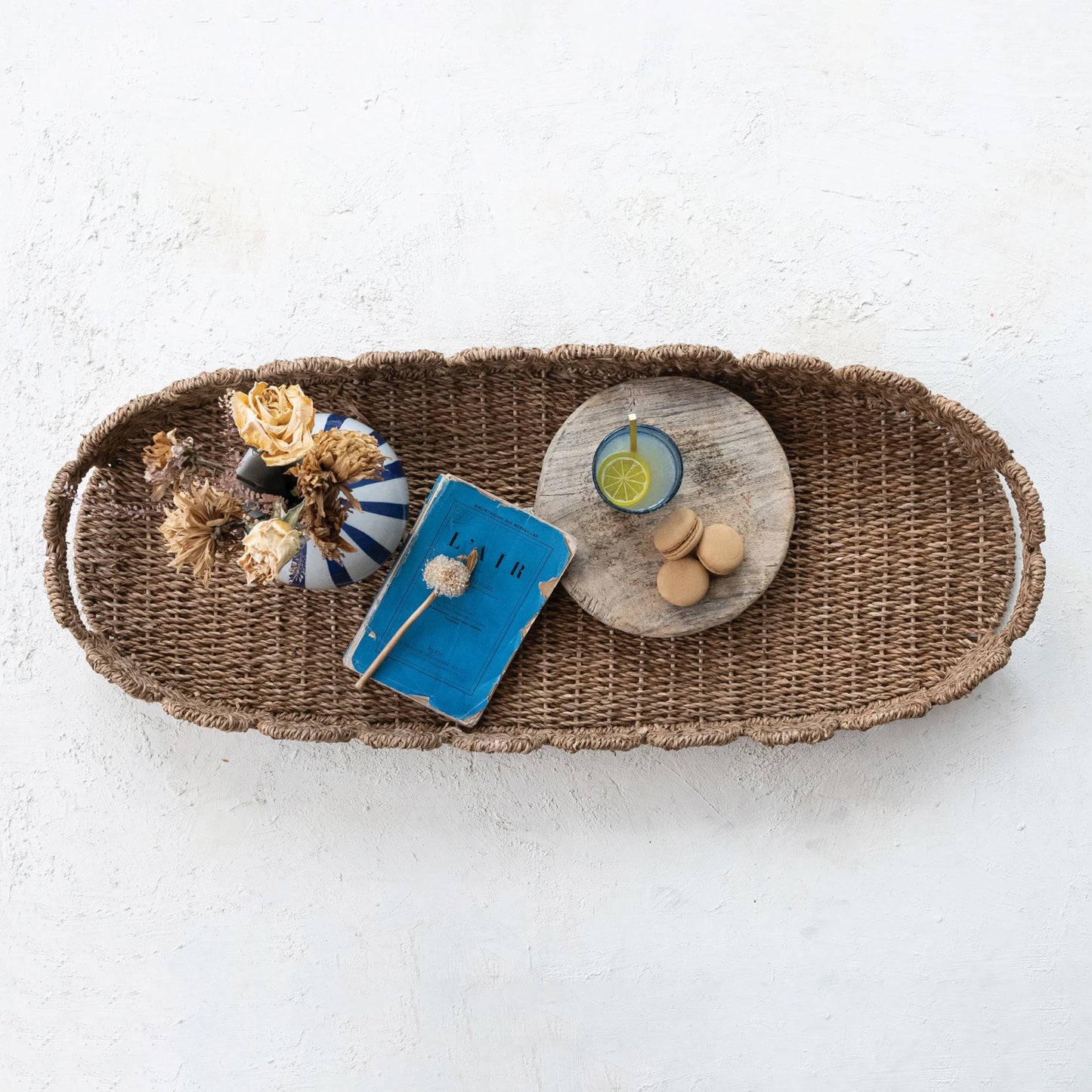 Hand Woven Scalloped Bankuan Tray with Handles