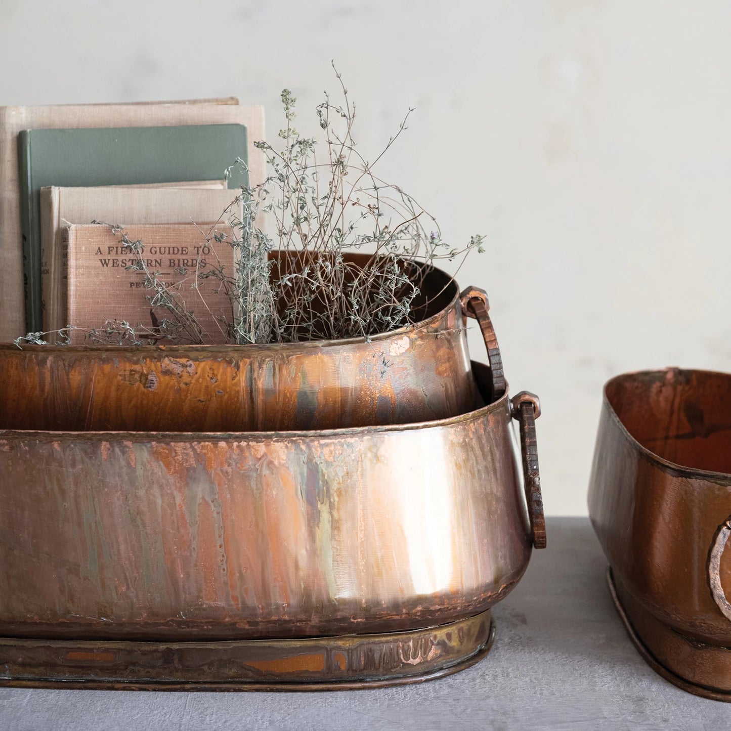 Oval Metal Planters with Antique Copper Finish