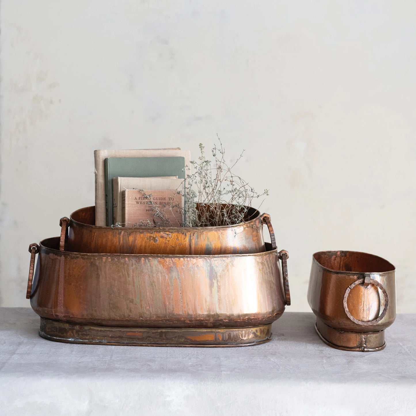 Oval Metal Planters with Antique Copper Finish