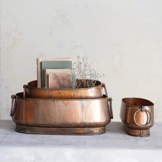 Oval Metal Planters with Antique Copper Finish
