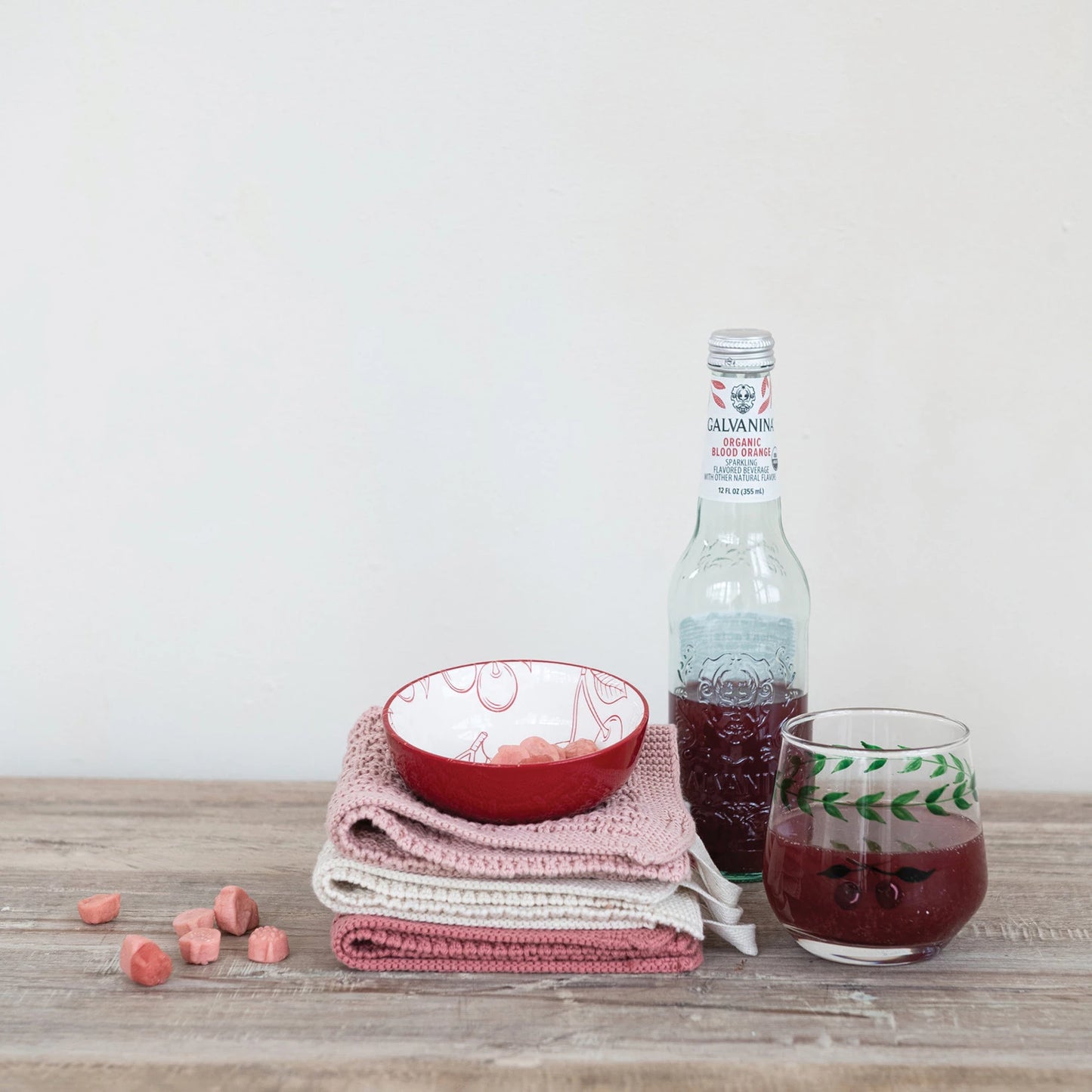 Stoneware Bowl with Cherry Pattern, Red & White