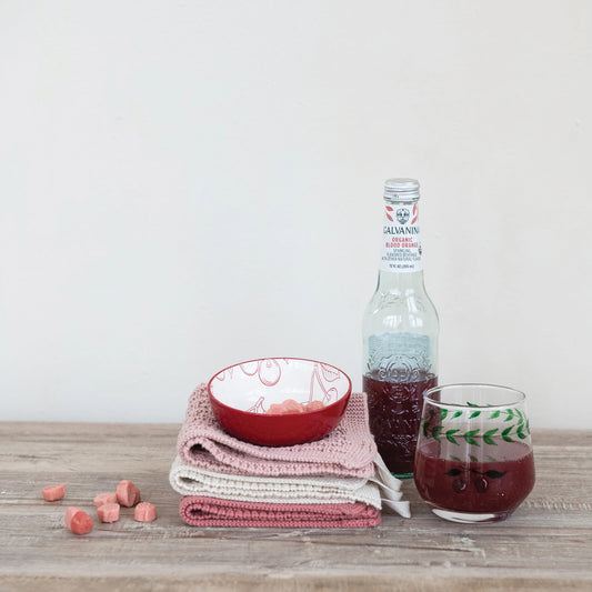Stoneware Bowl with Cherry Pattern, Red & White