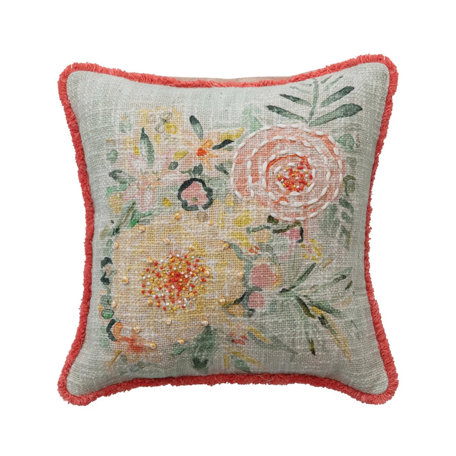 Pillow with Flowers, Embroidery & Eyelash Fringe