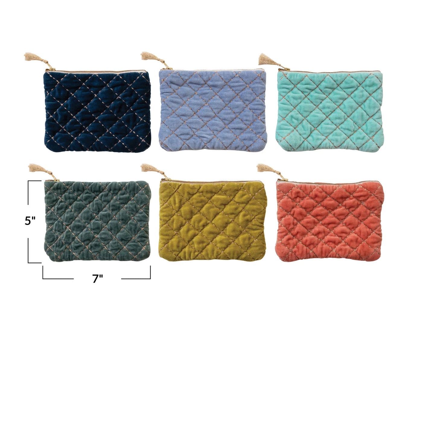 Quilted Cotton Velvet Zip Pouch w/ Metallic Thread Embroidery & Tassel