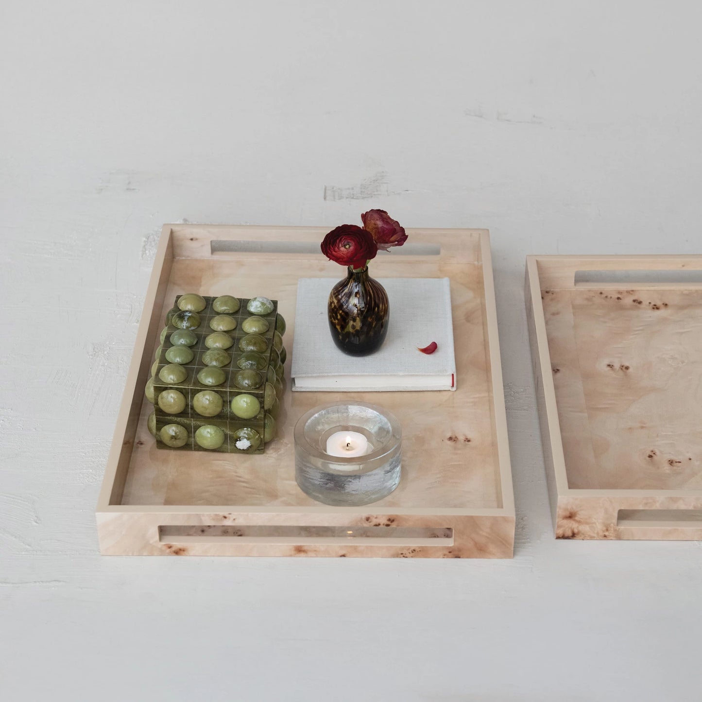 MDF & Burl Wood Veneer Trays w/ Handles
