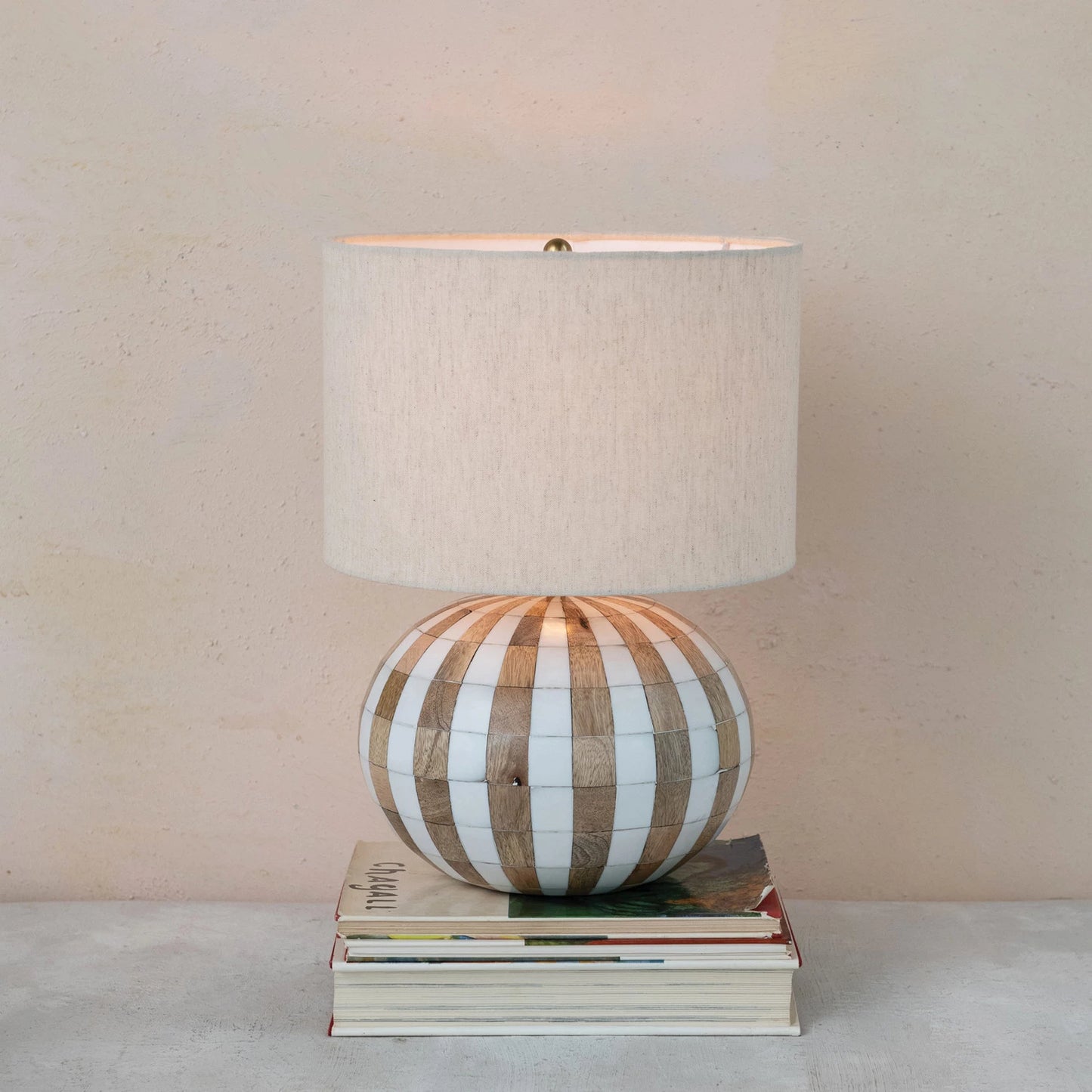 Mango Wood and Resin Striped Table Lamp with Shade