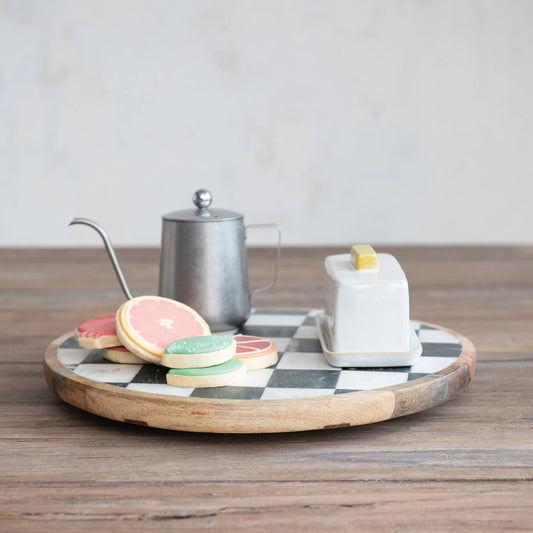 Mango Wood & Marble Checkered Lazy Susan
