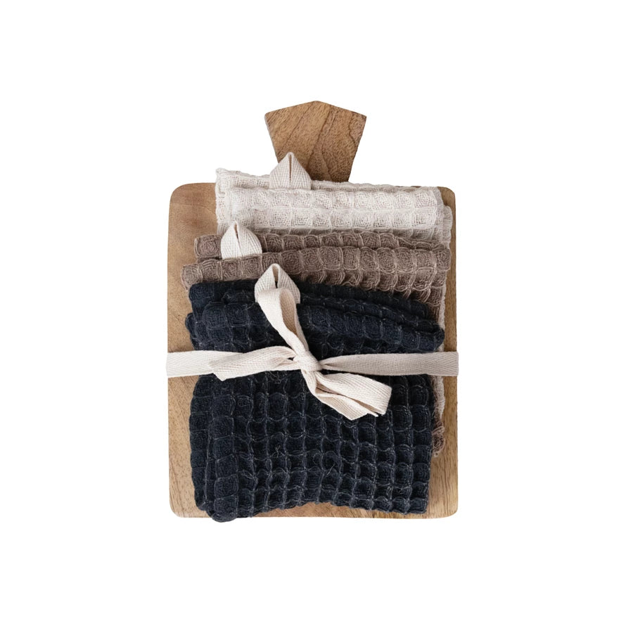 Waffle Weave Dish Cloths w/ Serving Board, Set of 4 Tied w/ Cotton Tape