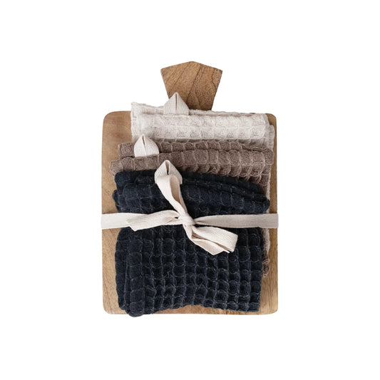 Waffle Weave Dish Cloths w/ Serving Board, Set of 4 Tied w/ Cotton Tape