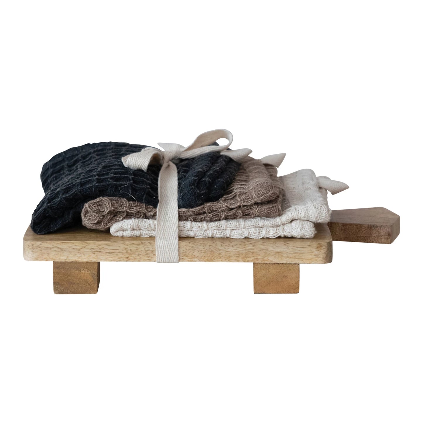 Waffle Weave Dish Cloths w/ Serving Board, Set of 4 Tied w/ Cotton Tape