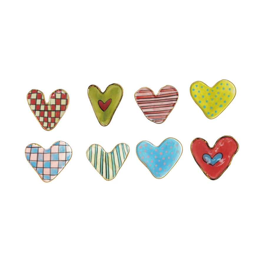 Hand-Painted Stoneware Heart Shaped Magnet w/ Pattern & Gold Electroplated Edge