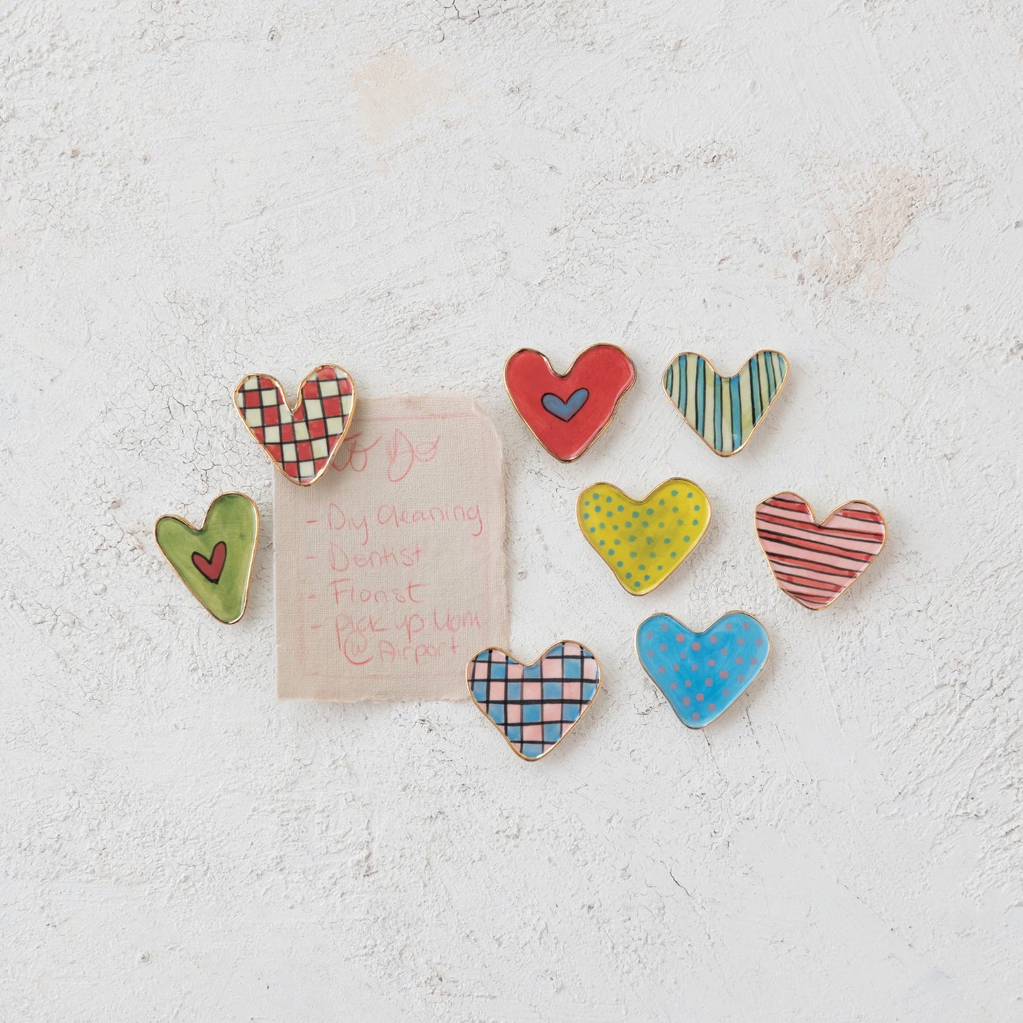 Hand-Painted Stoneware Heart Shaped Magnet w/ Pattern & Gold Electroplated Edge