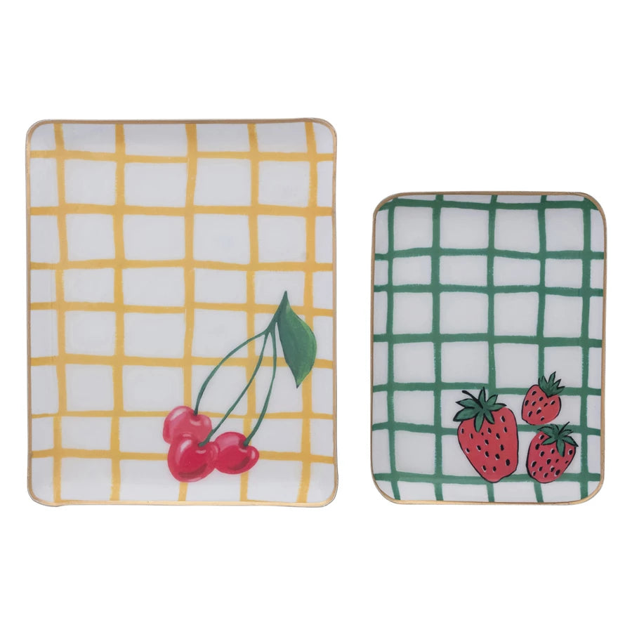 Enameled Metal Trays w/ Cherries & Strawberries, Gold Edges, Two Styles