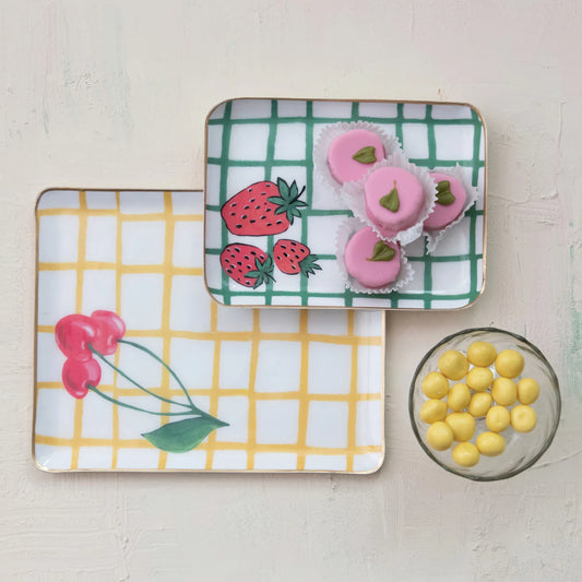 Enameled Metal Trays w/ Cherries & Strawberries, Gold Edges, Two Styles