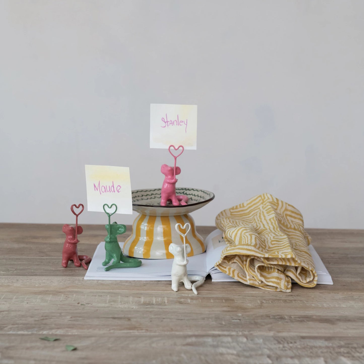 Enameled Cast Iron Mouse Holding Heart Shaped Place Card/Photo Holder, 4 Colors