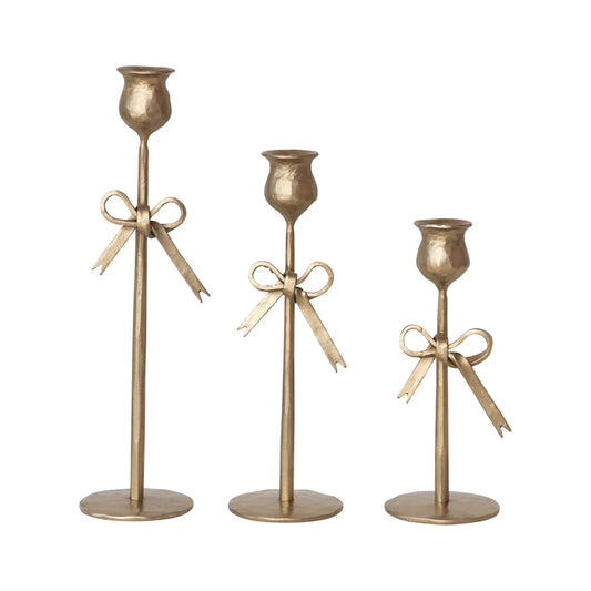 Hand-Forged Iron Taper Holders w/ Bow, Antique Gold Finish, Set of 3
